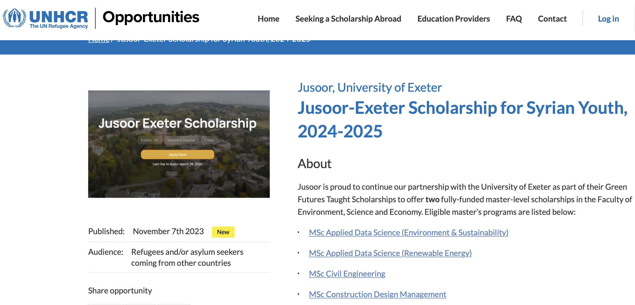 Jusoor-Exeter Scholarship for Syrian Youth, 2024-2025