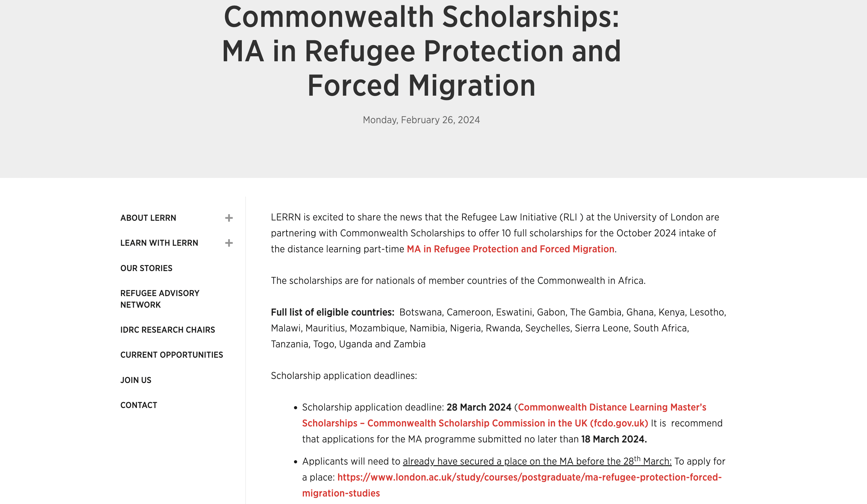 Commonwealth Scholarships: MA in Refugee Protection and Forced Migration